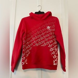 Adidas, youth medium, unisex, red hoodie print front/back, good condition